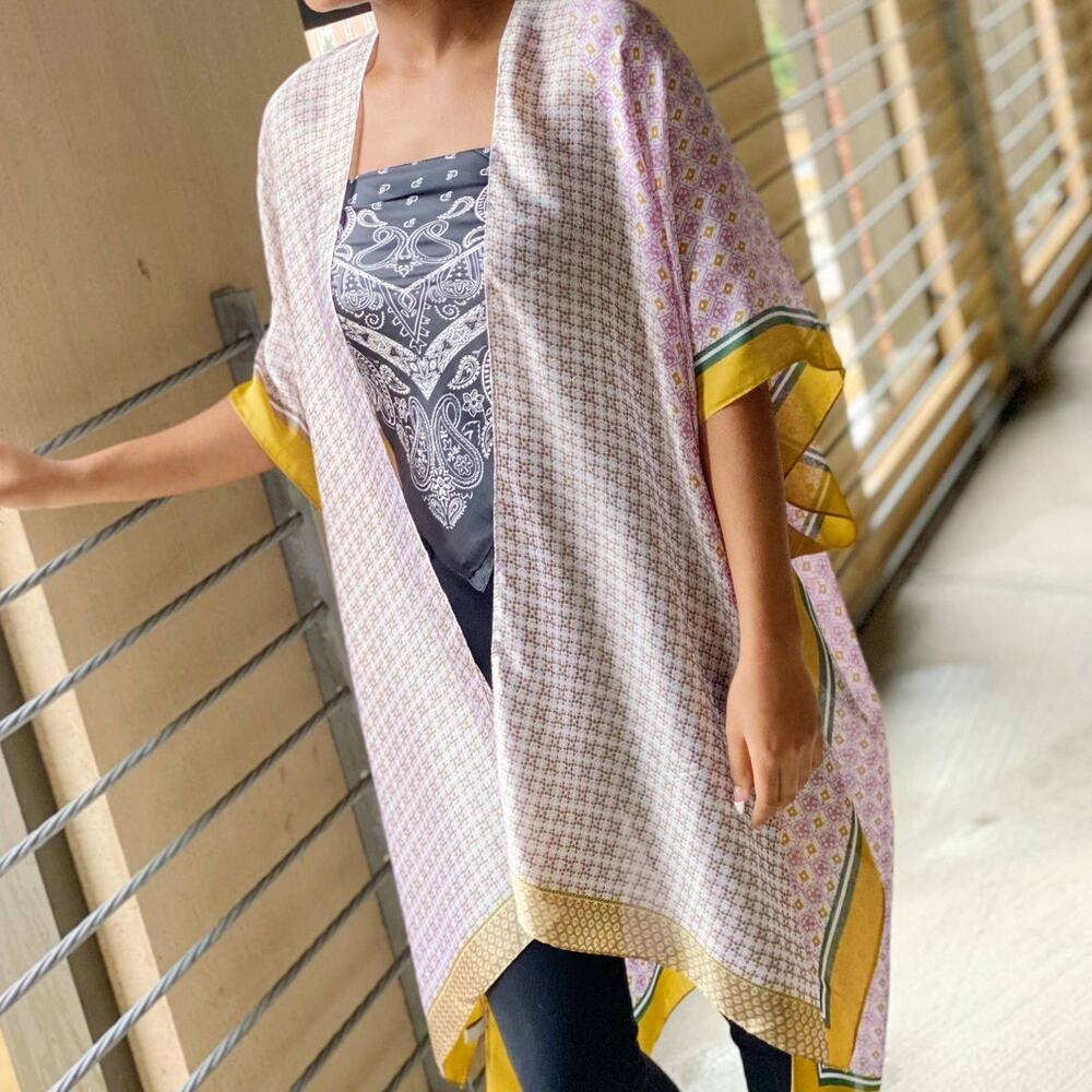 Silky Kimono - Beige Pink Boho Print Layering Piece